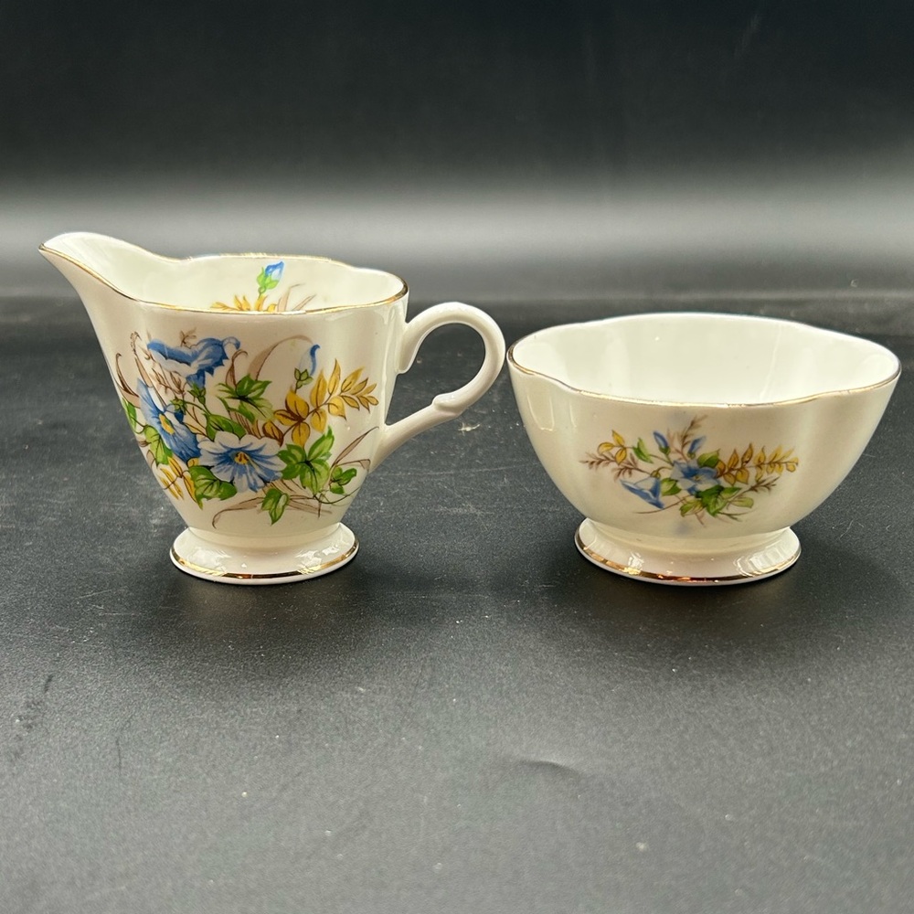 Windsor Bone China Floral blue and yellow creamer and open sugar Set